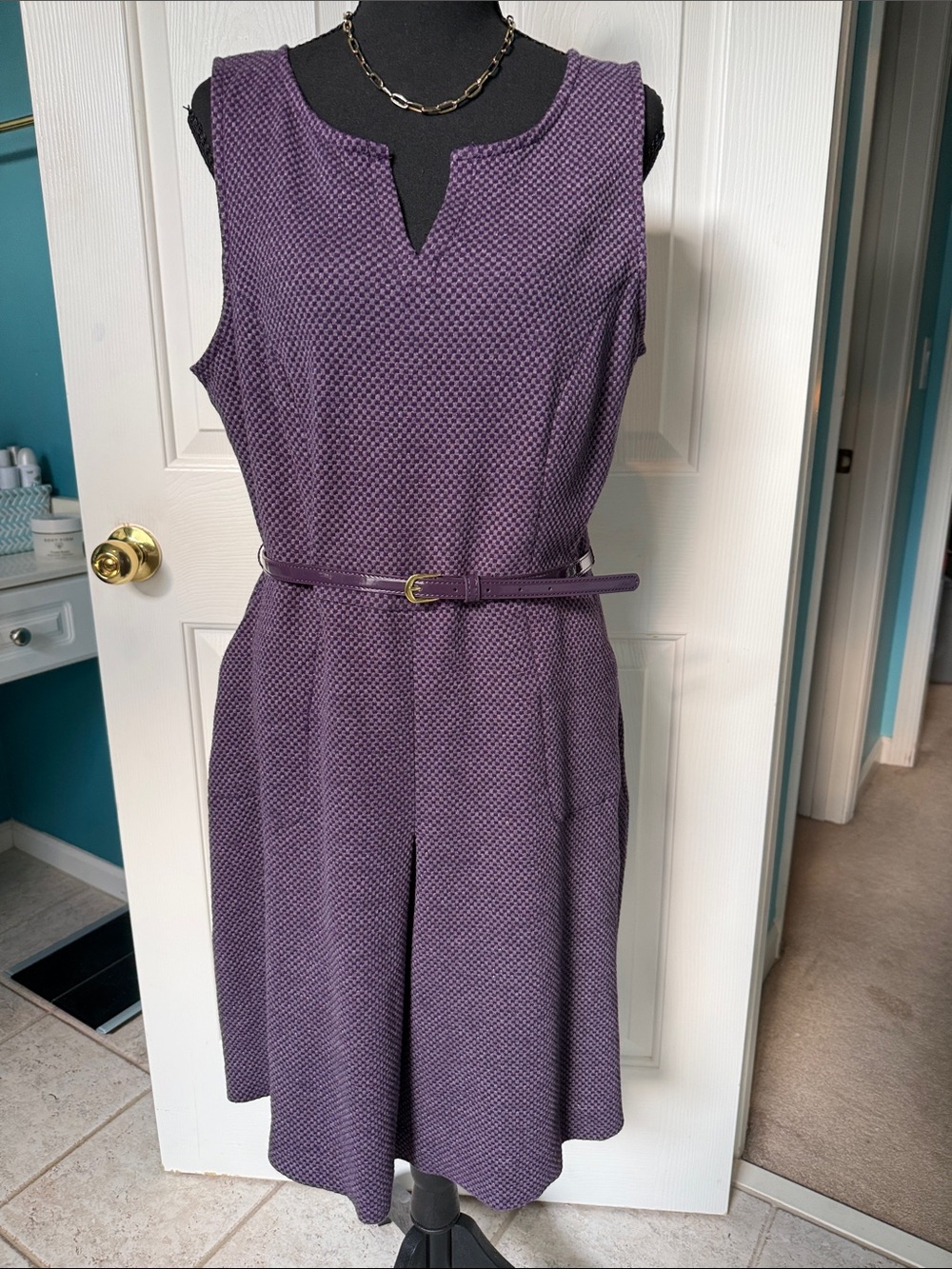 Merona Plum Tweed Check Sleeveless Belted Dress